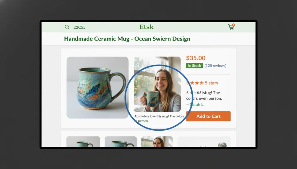 Customer photo review example as a trust signal to fix Etsy shop no sales 2026 conversion issues.