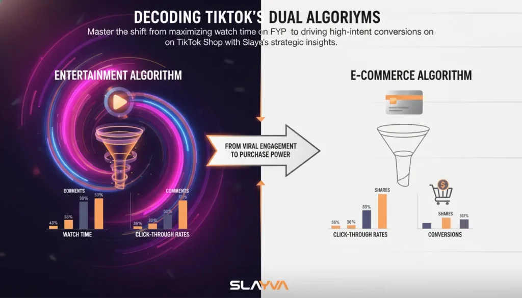 Diagram comparing TikTok Shop algorithm focus on sales versus FYP algorithm focus on watch time