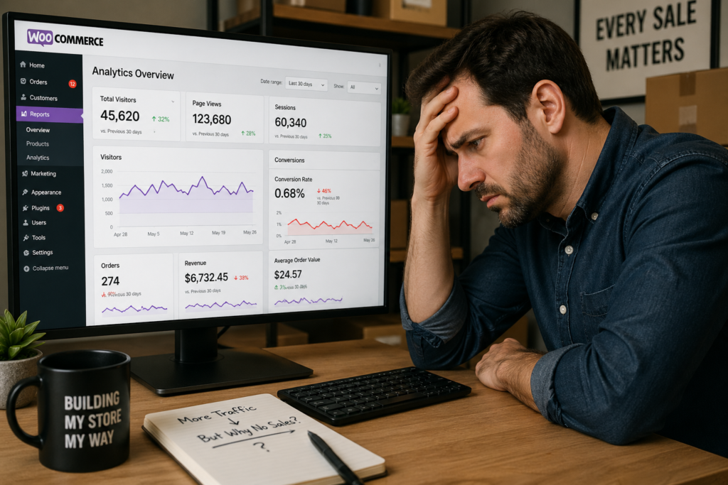 WooCommerce store owner analyzing why their WooCommerce store not converting despite steady traffic