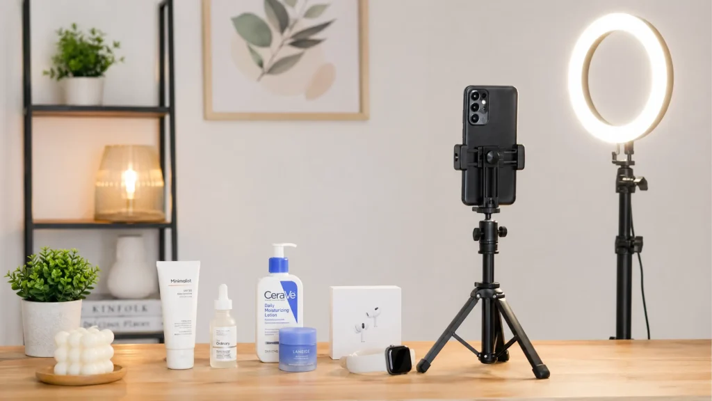 Minimal TikTok Shop affiliate content creation setup for beginners with smartphone and ring light