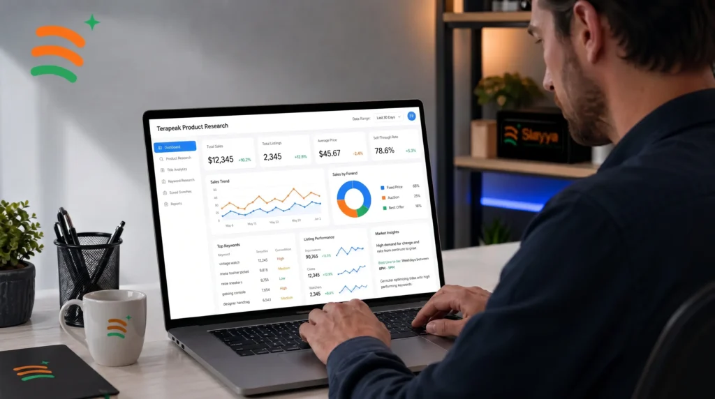 eBay seller using Terapeak for eBay SEO keyword research and listing optimization in 2026