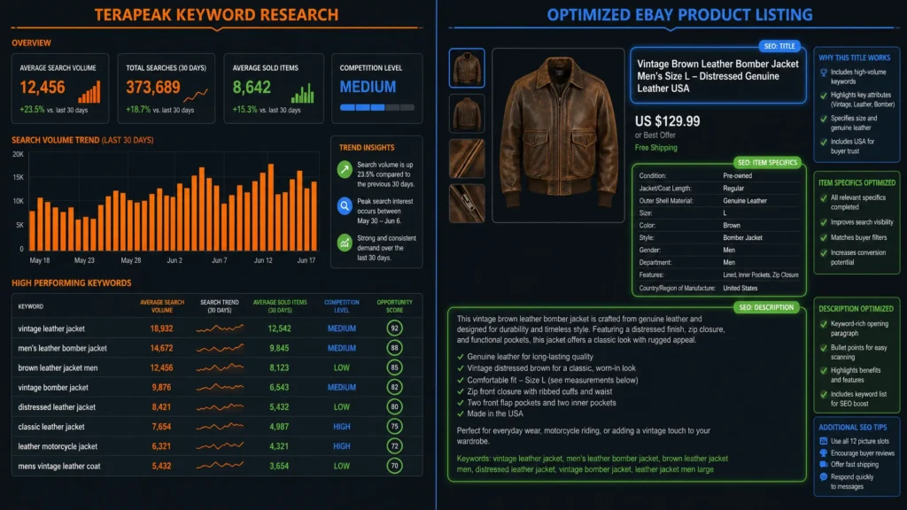 eBay SEO workflow showing Terapeak research data used to optimize listing for first page ranking