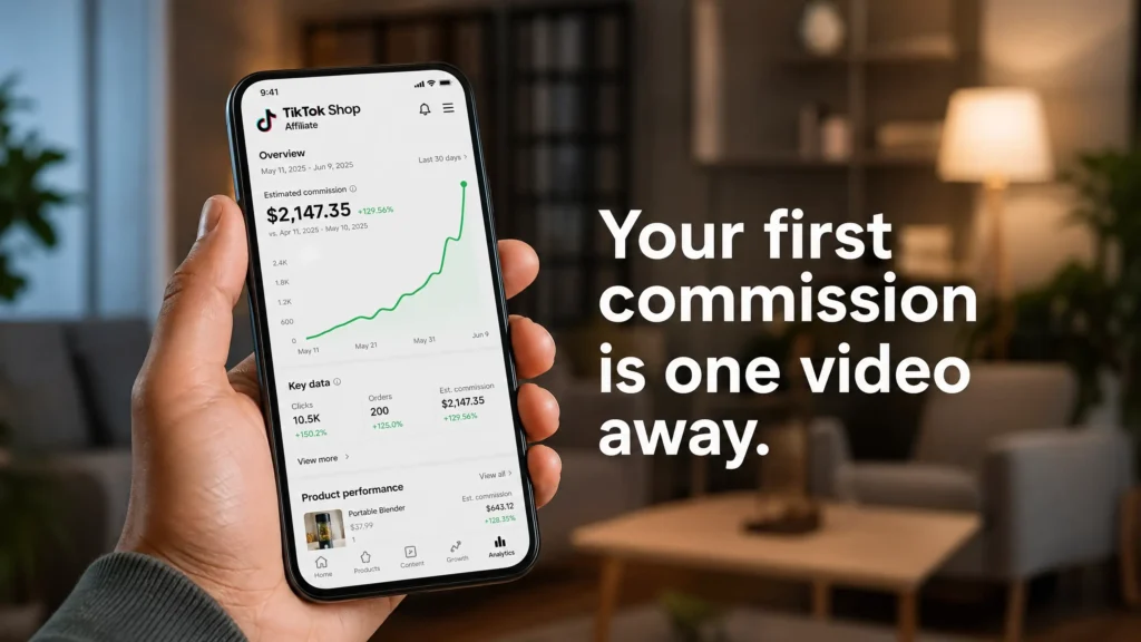 TikTok Shop affiliate dashboard showing earnings growth and motivational message for new affiliates
