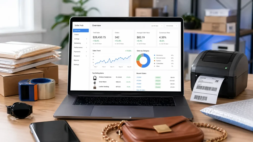 eBay seller implementing eBay selling secrets with organized workspace and analytics dashboard