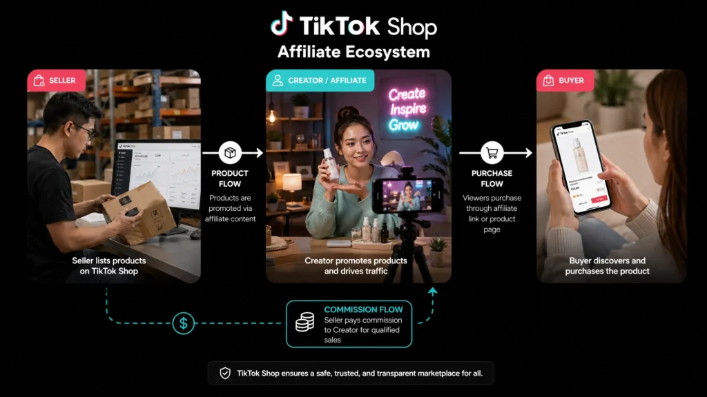 TikTok Shop affiliate ecosystem diagram showing how sellers, affiliates, and buyers interact