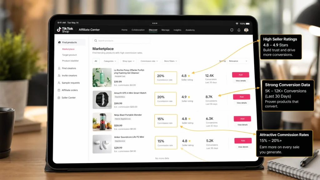 TikTok Shop affiliate marketplace showing product selection criteria for affiliate marketers