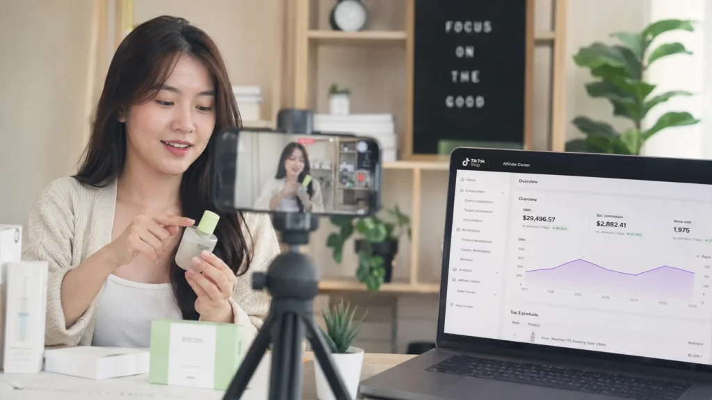 TikTok Shop affiliate creator filming product content for commission based earnings in 2026