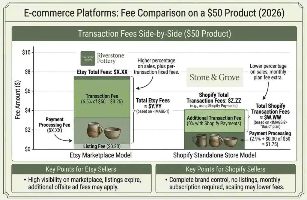Etsy vs Shopify fees comparison chart showing per-sale costs for handmade products on each platform