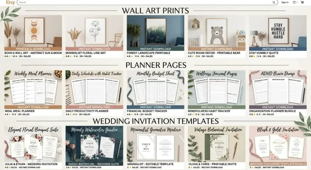 Etsy digital downloads product examples showing printable wall art planners and wedding templates that generate passive income