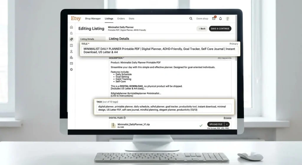 Etsy digital downloads listing optimization showing title description tags and file upload settings for maximum visibility