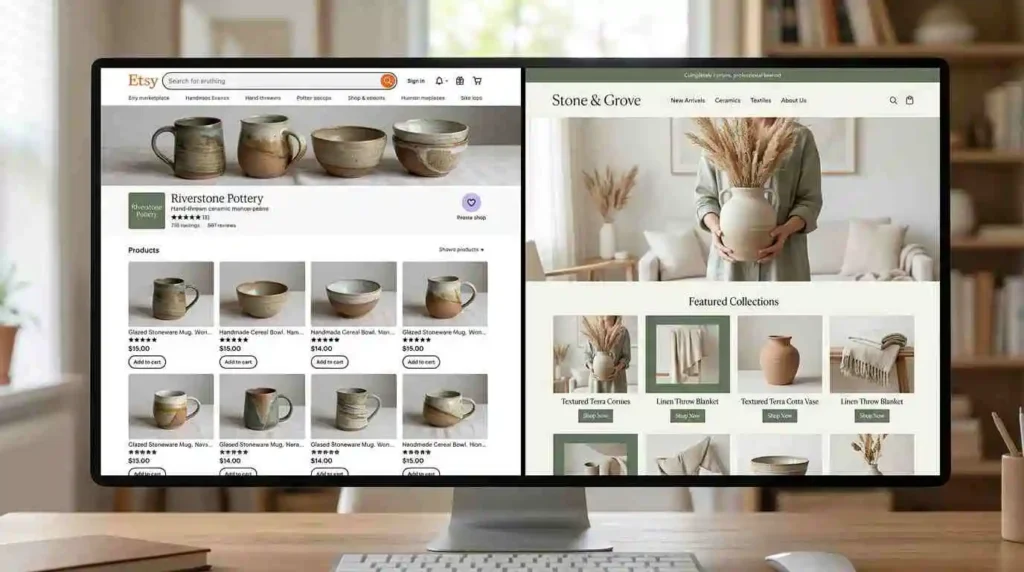 Etsy vs Shopify comparison showing Etsy marketplace storefront versus Shopify custom branded website for handmade products
