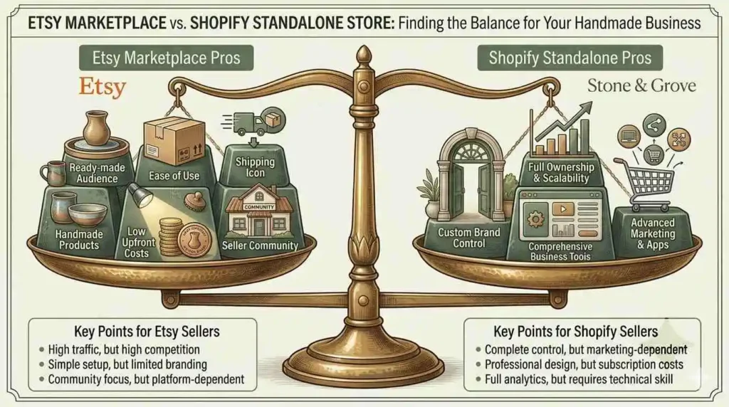 Etsy vs Shopify pros and cons balance scale comparison for handmade and custom product sellers