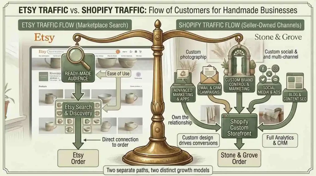 Etsy vs Shopify traffic sources diagram showing marketplace search traffic versus seller-driven marketing channels