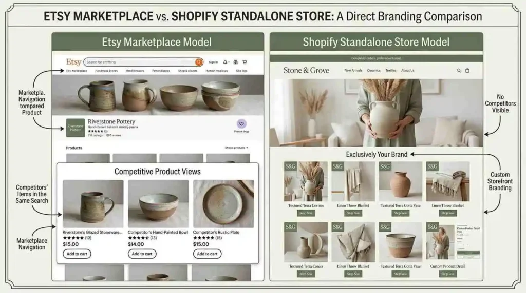 Etsy vs Shopify platform model comparison showing marketplace competition versus independent brand storefront