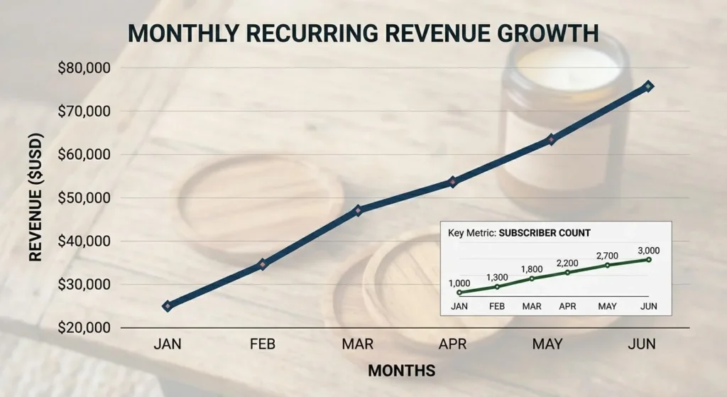 WooCommerce subscriptions recurring revenue growth chart showing monthly revenue increase as subscribers compound