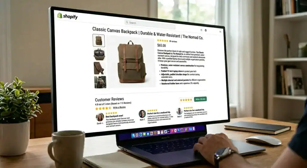 Shopify SEO optimization example showing fully optimized product page with descriptions images and reviews