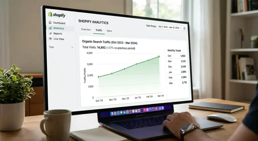 Shopify SEO optimization results showing organic traffic growth in store analytics dashboard