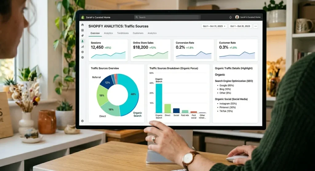 Dashboard showing Shopify analytics with traffic sources breakdown highlighting organic channels