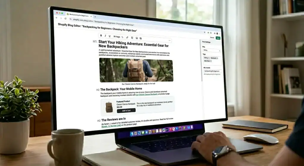 Shopify SEO optimization blog post showing keyword-rich headings internal links and product recommendations