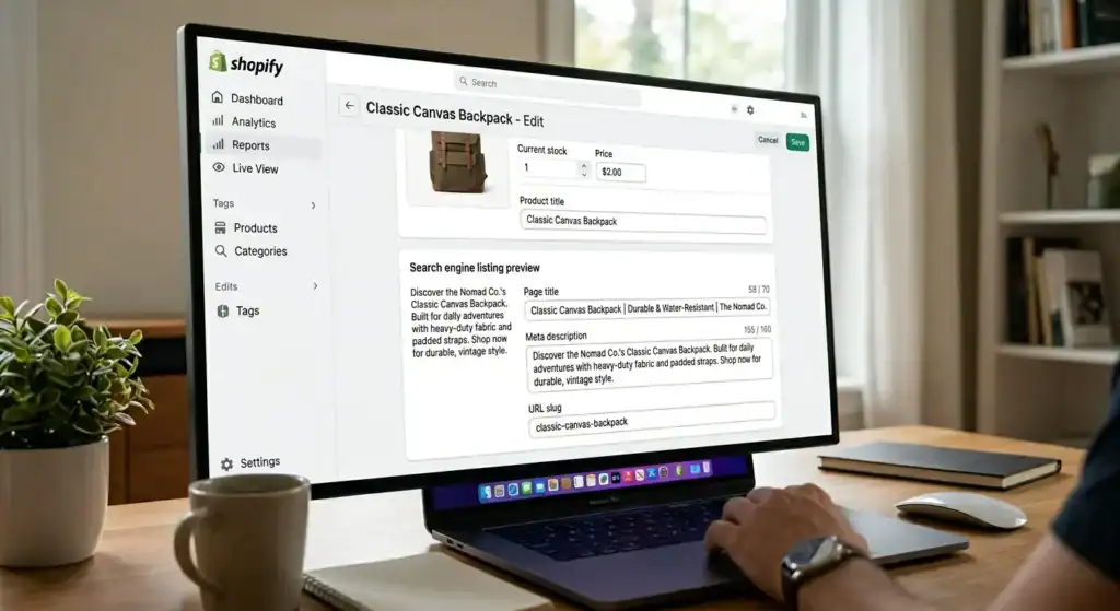 Shopify SEO optimization settings showing title tag meta description and URL configuration for product page