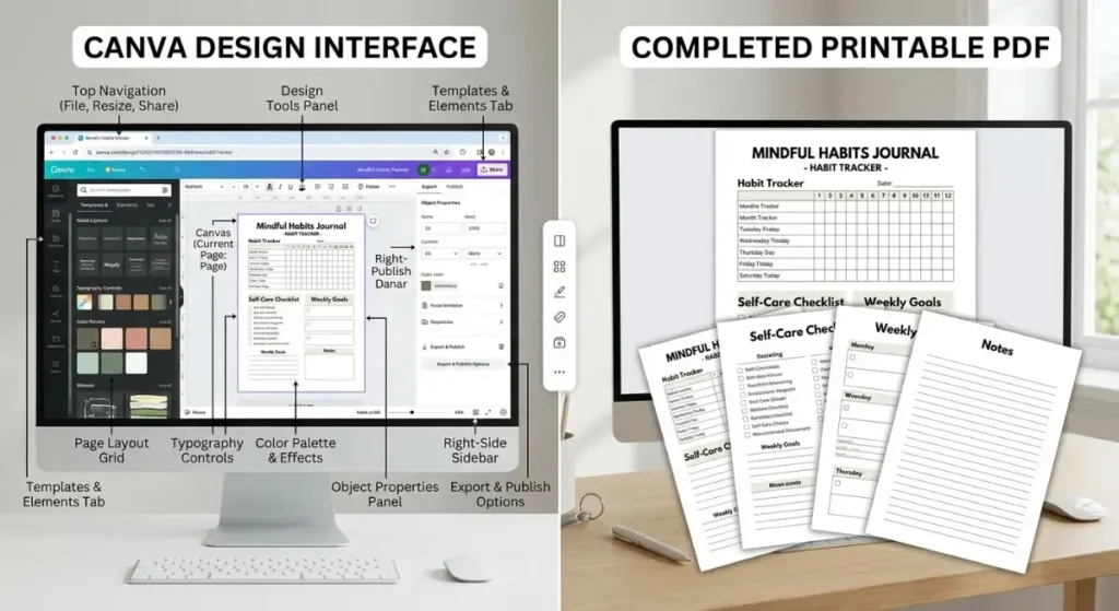 Etsy digital downloads creation process showing Canva design software and finished printable product for passive income