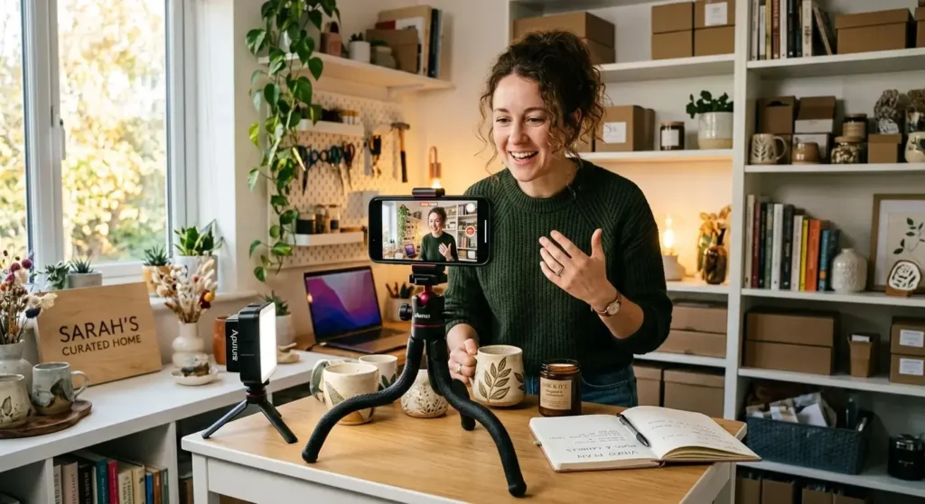 Entrepreneur creating organic content to get Shopify sales without ads filming product video at home
