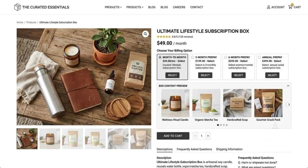 WooCommerce subscriptions box product page with monthly quarterly and annual billing options for recurring revenue