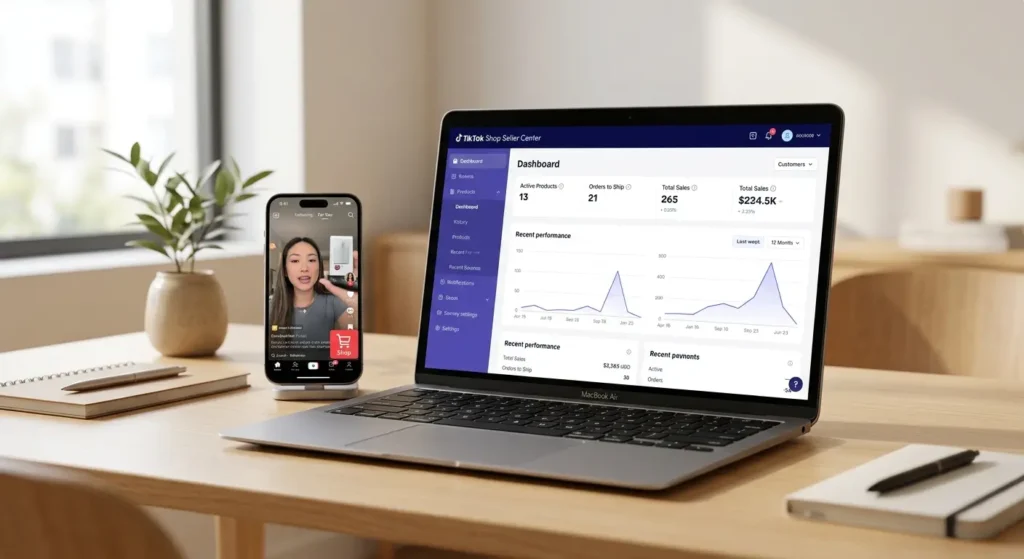 Entrepreneur researching TikTok Shop winning products using laptop and mobile app