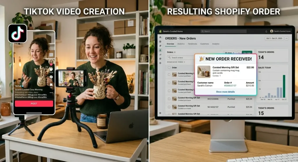 TikTok organic content leading to Shopify order demonstrating how to get Shopify sales without ads