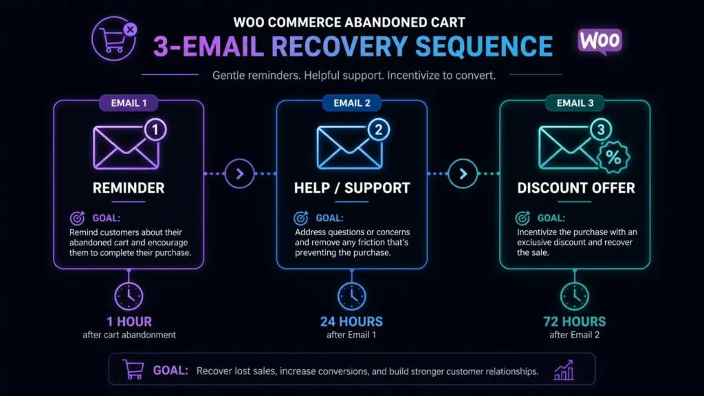 WooCommerce abandoned cart email sequence timeline with 3 recovery emails and timing