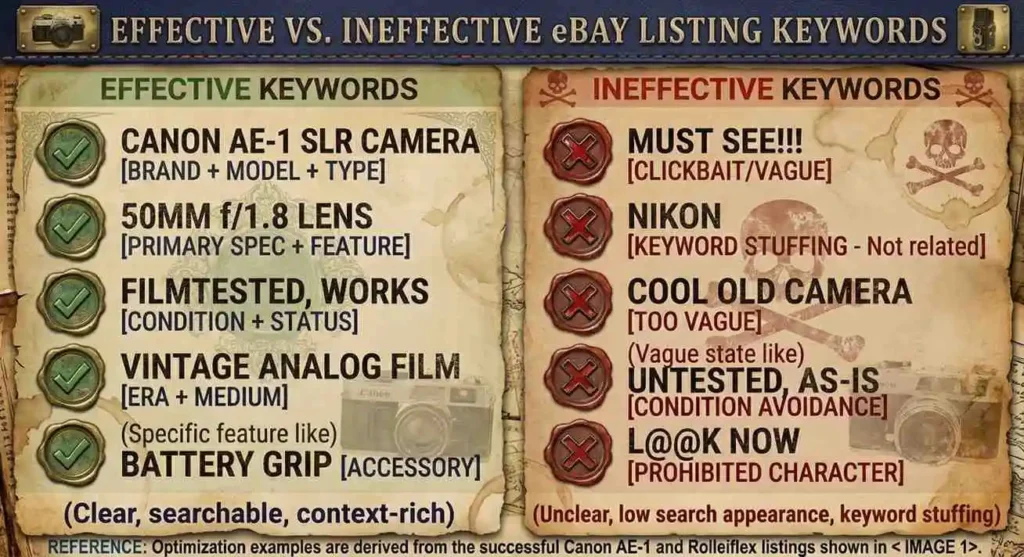 eBay listing titles keyword guide showing effective product description keywords versus ineffective promotional keywords to avoid