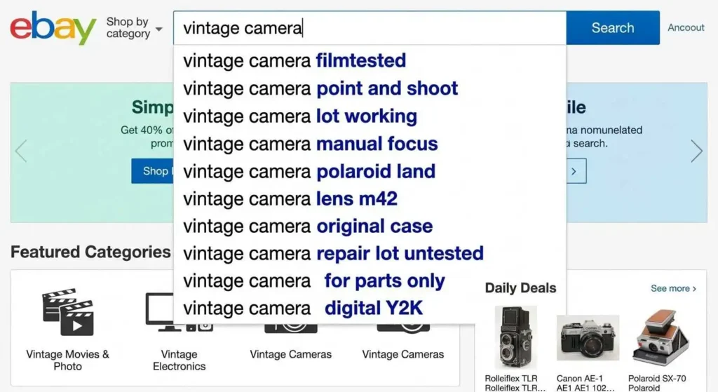 eBay listing titles keyword research showing search autocomplete suggestions for product keywords