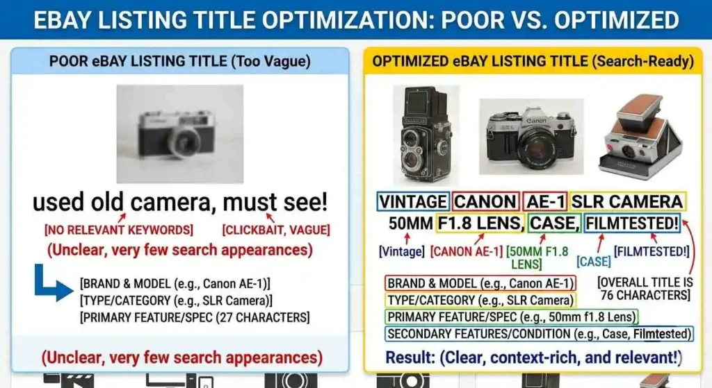 eBay listing titles formula comparison showing poor title versus optimized title with keyword structure labeled