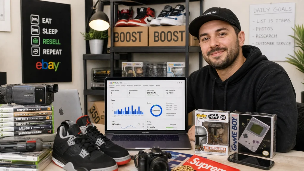 eBay seller researching what to sell on eBay in 2026 using sell through rate data