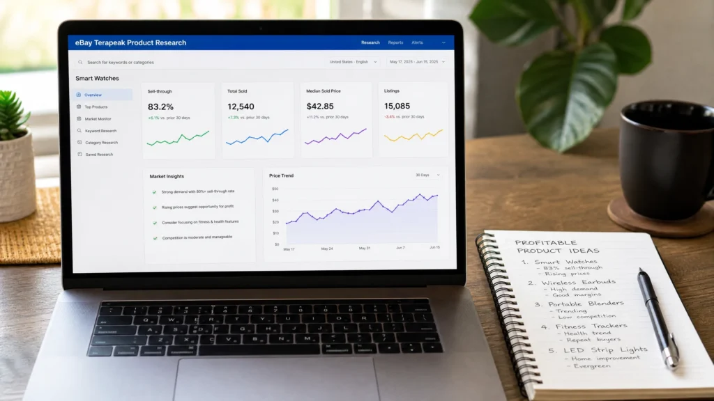 eBay seller using Terapeak to research what to sell on eBay with high sell through rate data
