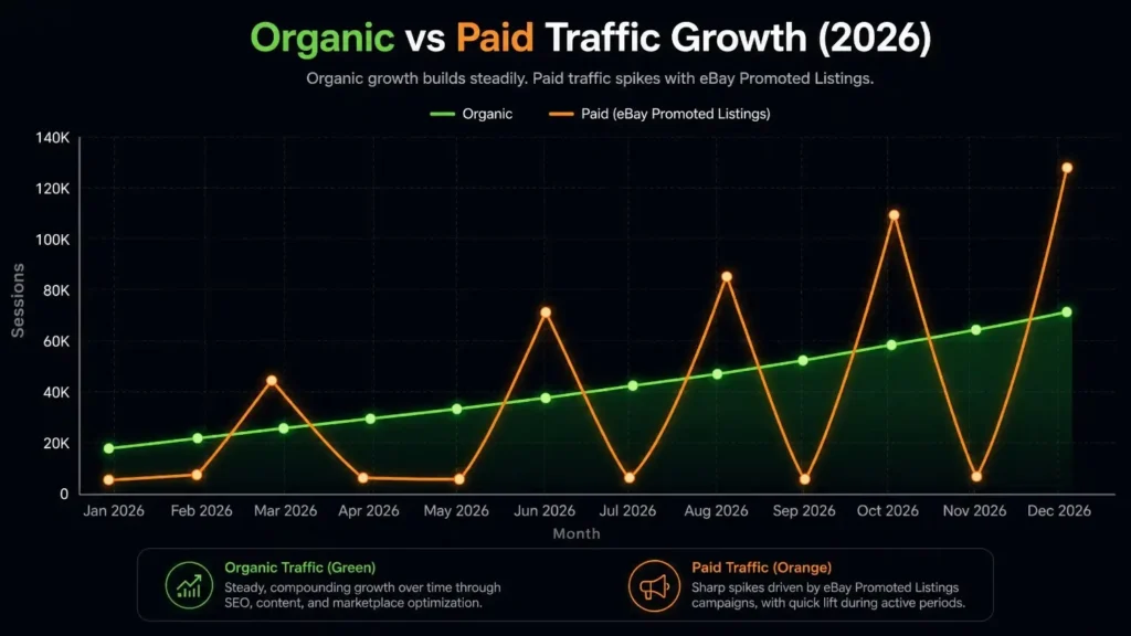 Comparison chart of eBay promoted listings versus organic traffic, showing an immediate sales spike from ads