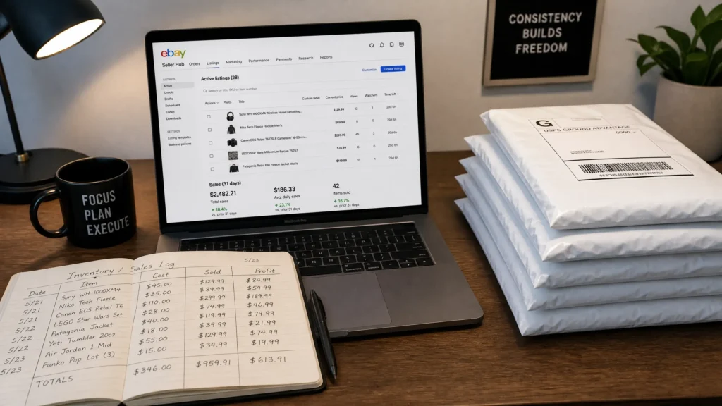 eBay flipping workspace with listed items, shipping supplies, and profit tracking spreadshee