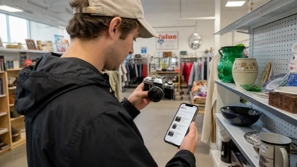 eBay flipping beginner sourcing cameras at thrift store while checking sold prices
