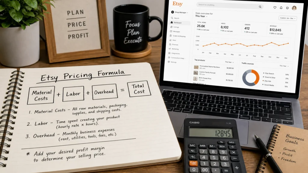 Etsy seller using pricing formula to determine how to price Etsy products for maximum profit