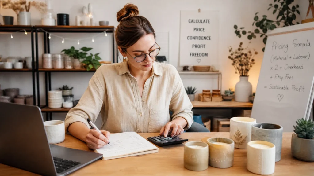 Etsy seller calculating how to price Etsy products for maximum profit in 2026