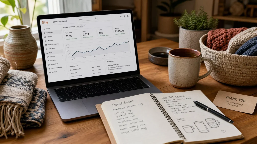 Etsy seller doing Etsy SEO research to get products found by buyers