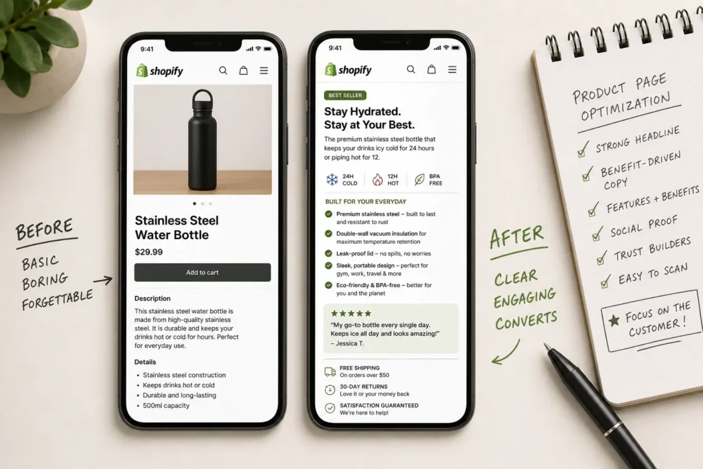 Comparison of basic and optimized product descriptions that convert for Shopify store