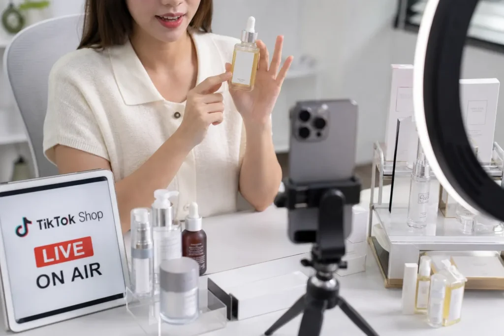 TikTok Shop live selling setup with product display and streaming equipment for 2026