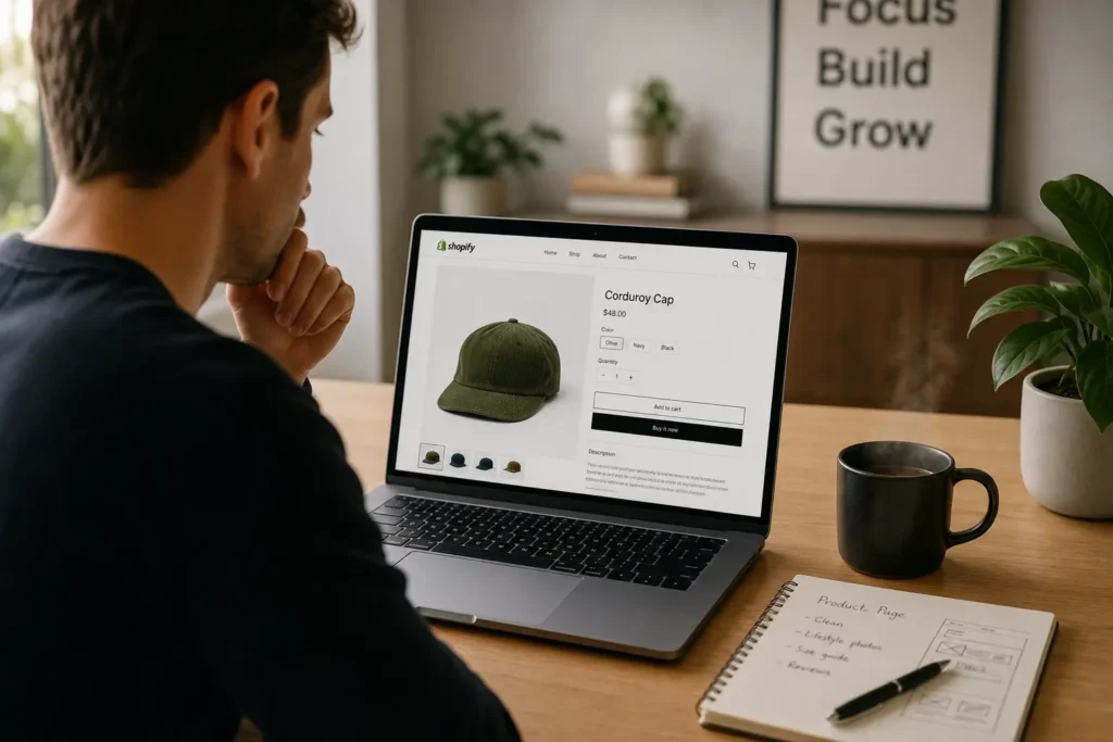 Shopify seller reviewing product descriptions that convert on their ecommerce store