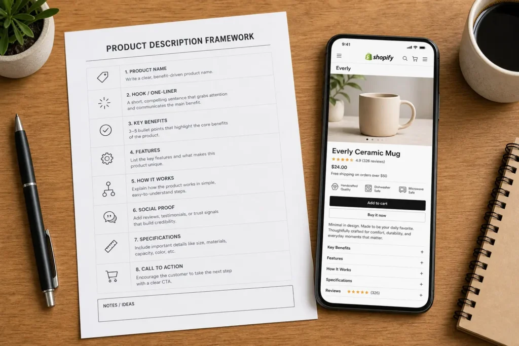 Shopify product page implementing product descriptions that convert framework for 2026