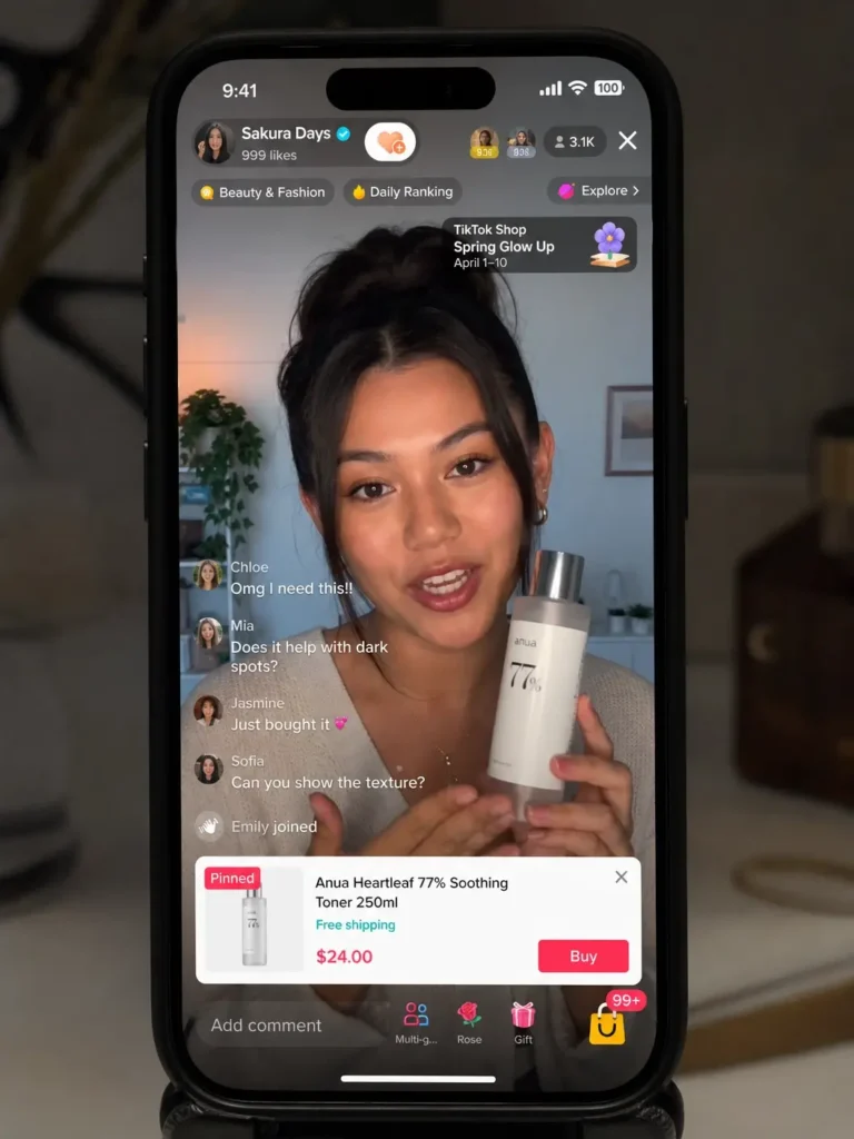TikTok Shop live selling stream in progress showing product demonstrations and viewer engagement