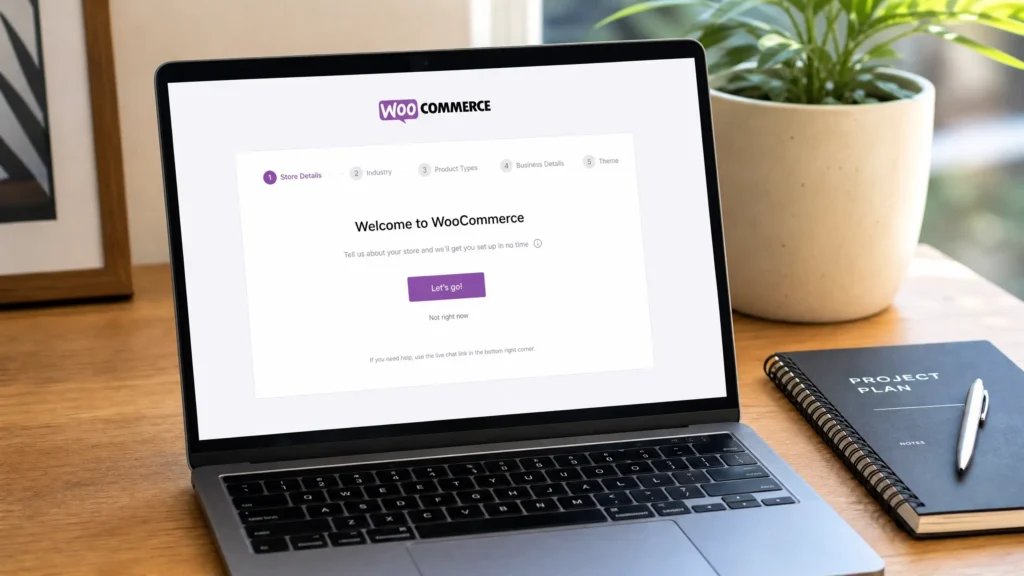 Complete beginner following how to set up WooCommerce tutorial on laptop