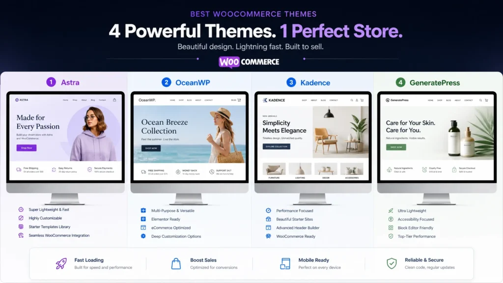 Best WooCommerce themes comparison showing Storefront, Astra, Kadence, and Blocksy homepage designs