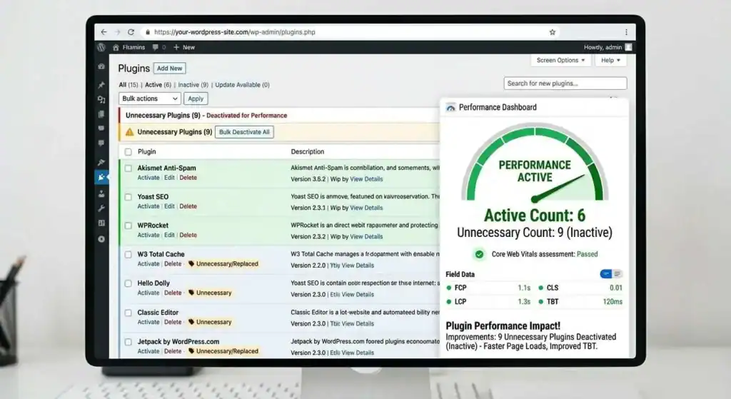 Speed up WooCommerce by reducing active plugins and showing deactivated unnecessary plugins in the WordPress dashboard
