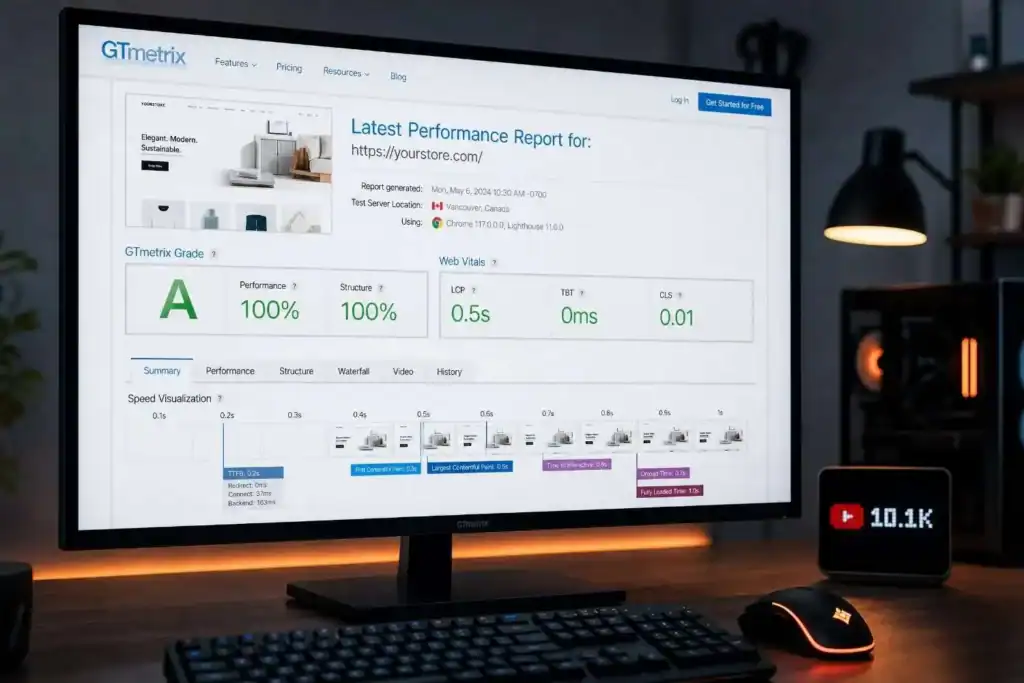 Split screen showing Google PageSpeed Insights score before optimization on left and improved score after fixes on right